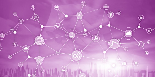 global business connection innovation concept on virtual screen internet of things smart industry concept mixed media diagram