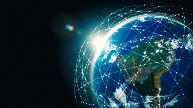 global network connection covering the earth with lines of innovative perception