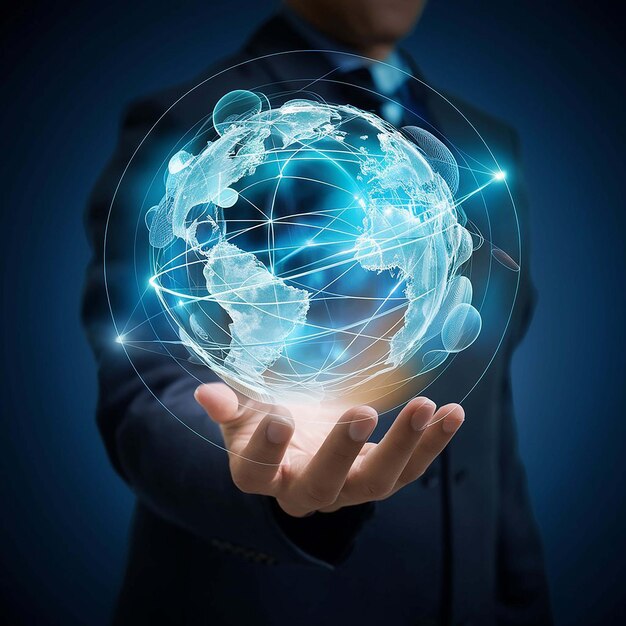 Global Network Connections A Businessman Holding the World in His Hands