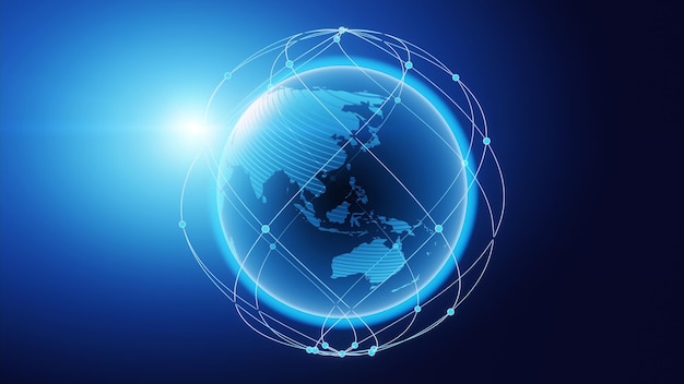 Globaliserings- og kommunikationskoncept Jord og lysende stråler 3D-rendering