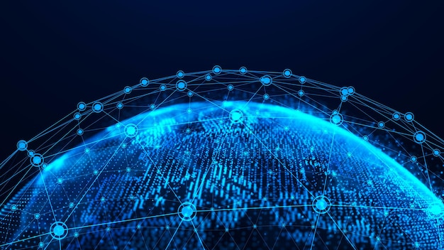 Globalt netværkskoncept Verdenskortpunkt Globalt netværk planeten Jorden 3D-rendering