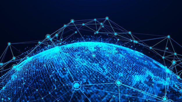 Globalt netværkskoncept Verdenskortpunkt Globalt netværk planeten Jorden 3D-rendering