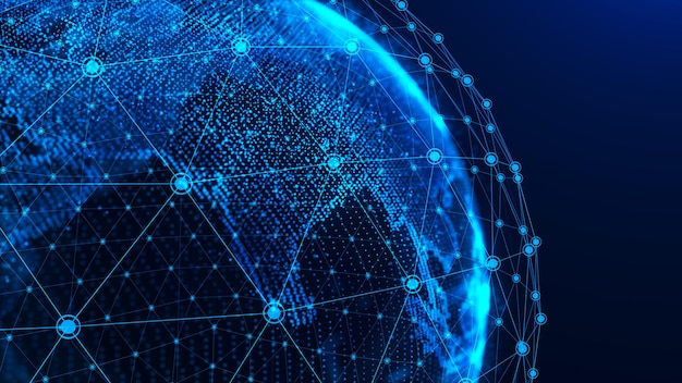 Globalt netværkskoncept Verdenskortpunkt Globalt netværk planeten Jorden 3D-rendering