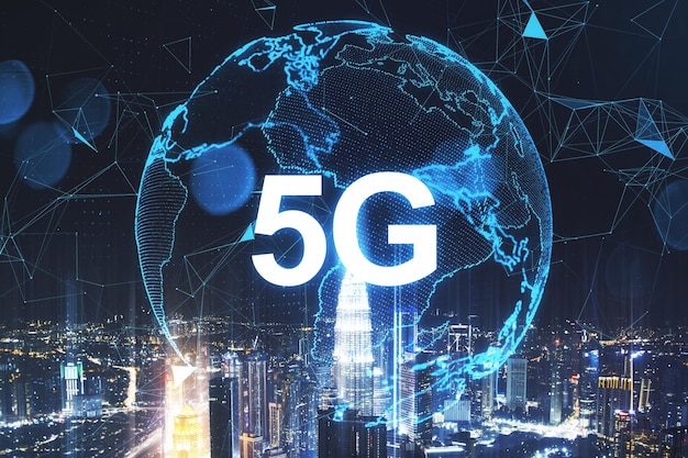 Globe with 5G hologram on blurry night city backdrop Technology data and future concept Double exposure