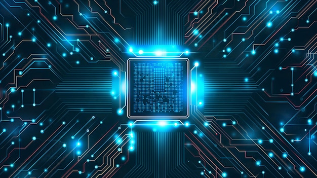 Glödande neon-AI-chip på teknisk bakgrund