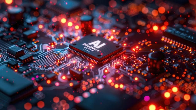 Glowing AI motherboard chip artificial intelligence CPU chip AI written on chip sparks sparkle