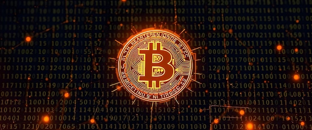 Glowing Bitcoin on Binary Code Background