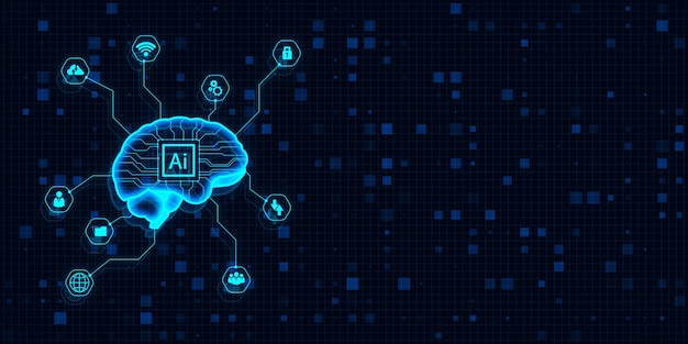 Glowing blue digital brain hologram on dark grid background AI and machine learning concept 3D Rendering
