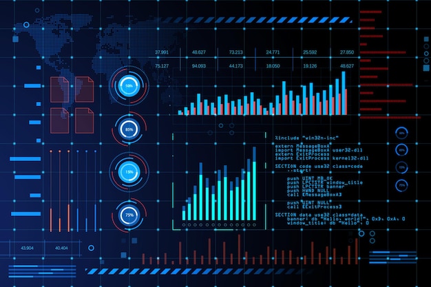 Glowing digital interface with business charts and coding background Future and cyberspace concept 3D Rendering