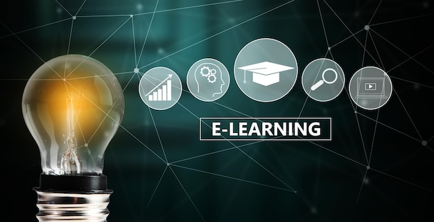 Glowing light bulb and Elearning icons