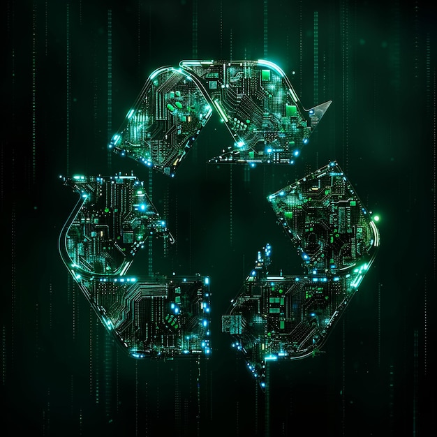 Glowing low polygonal recycle sign icon connected lines stars triangles on dark blue