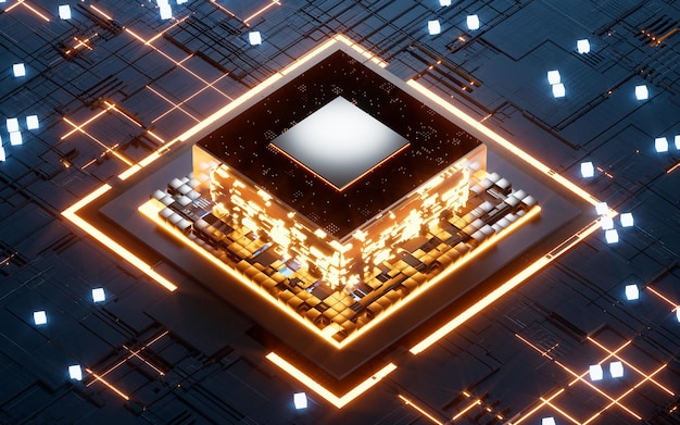 Glowing microchip processor with black circuit board 3d rendering