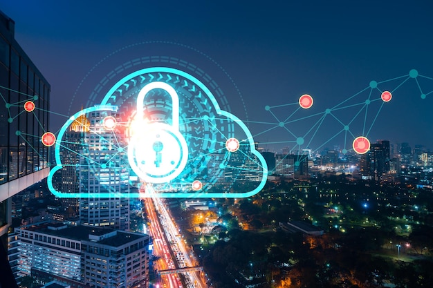 Glowing Padlock hologram night panoramic city view of Bangkok Asia The concept of cyber security to protect companies Double exposure