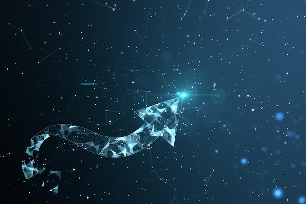 Glowing polygonal arrow on blurry blue backdrop Business finance career or other growth concept 3D Rendering