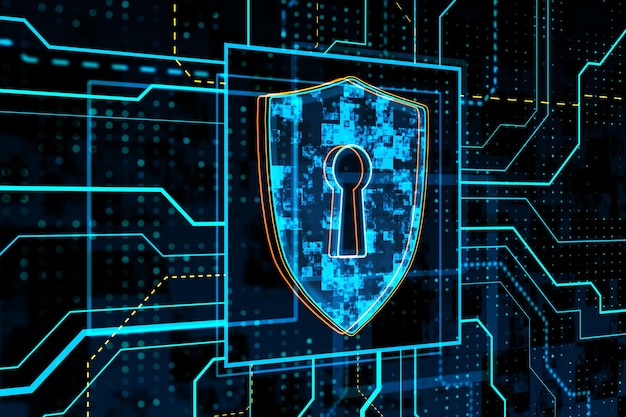 Glowing safety and security circuit shield shield hologram on blurry background 3D Rendering