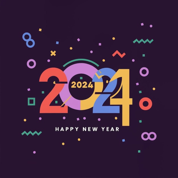 Godt nytår 2024-design med farverige illustrationer af afkortede tal Premium vektordesign