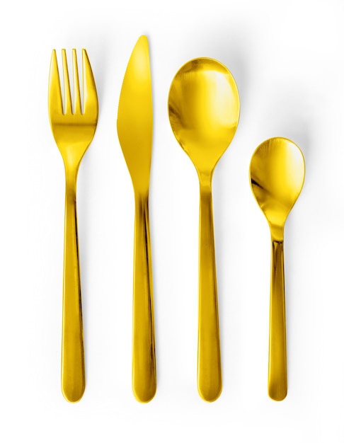 Gold Set of fork, knife and spoons isolated on white with clipping path
