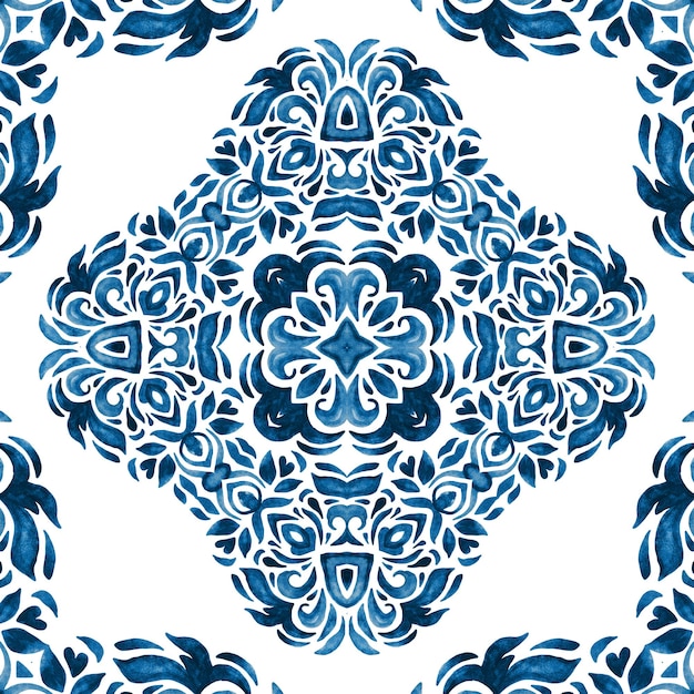 Gorgeous majolica damask background Portuguese blue watercolor tiling hand drawn floral design Persian abstract flower background Azulejo tile wall design arabesque tiles print