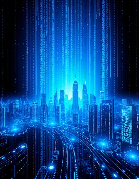 Graphic Abstract digital background with blue glowing lights and binary code