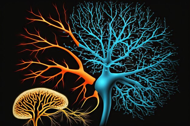 Graphic image of large neuron with small brain neuron and nanotechnologies created with generative a