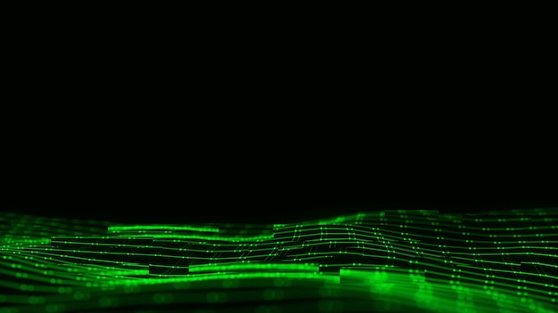 Green wave with motion dots and lines Abstract digital glitch background Concept connection big data Futuristic technology backdrop 3D rendering