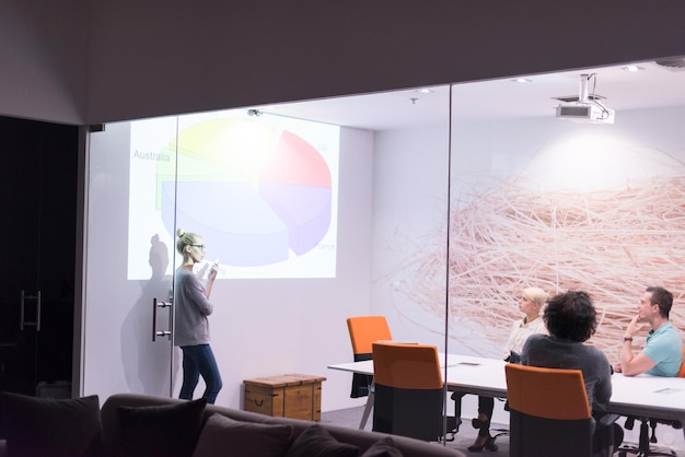 Group of a young business people discussing business plan at modern startup late night office building
