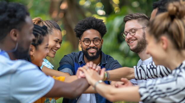 Group of diverse friends smiling and putting their hands together in a circle showing unity and teamwork