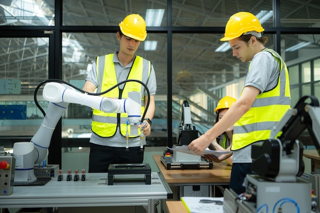 Group of engineers and technicians learning the technology to control hand robots