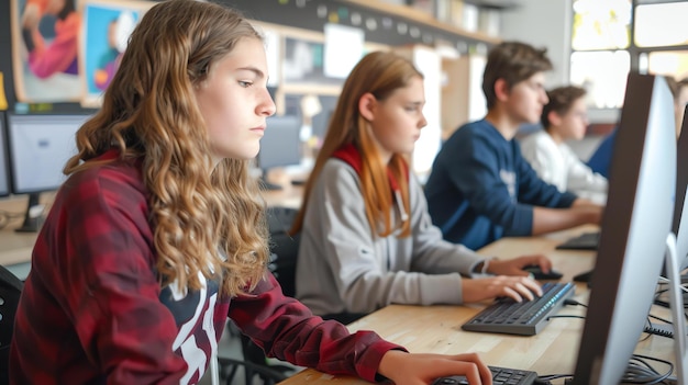 Group of students working on computers in a classroom They are all wearing casual clothes and look to be focused on their work