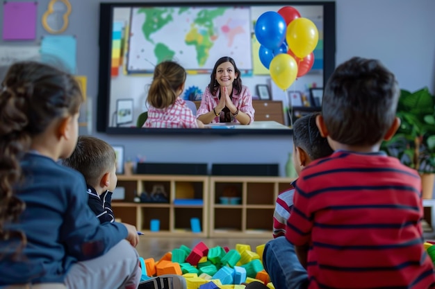 Group of young students watching a female teacher on a monitor colorful balloons learning through play