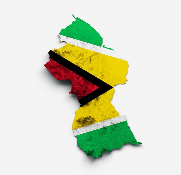 Guyana Karta Flagga Skuggad relief Färg Höjdkarta på vit Bakgrund 3D illustration