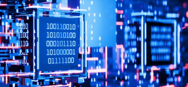 Hacker attack Computer code Blockchain Artificial Intelligence Big data Data block Cube with binary code Abstract technical background Binary code Digital technologies Ai 3D rendering