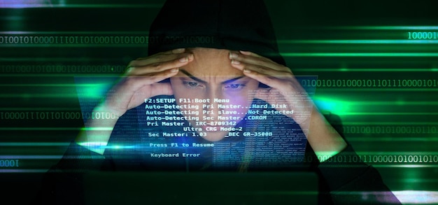 Hacker code and stress with cyber crime fear of getting caught and double exposure in IT cybersecurity fail and software Coding programmer and glitch person with headache and screen overlay