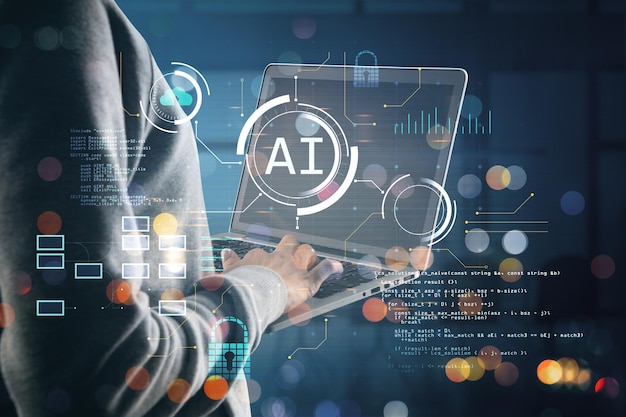 Hacker hands using laptop with glowing blurry ai hologram with binary coding on blurry background Artificial intelligence malware technology and programming concept