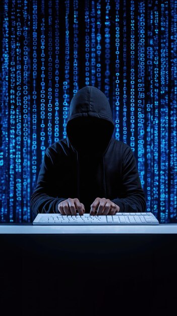 Hacker in a black hoodie at a white keyboard with blue binary code in the background online programming programming workshops