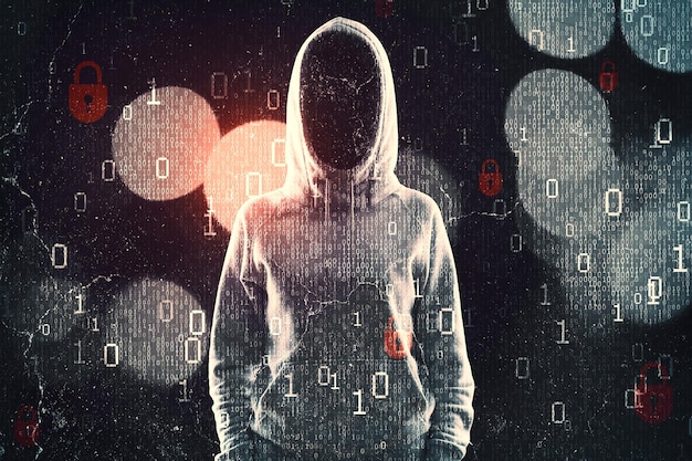 Hacker in hoodie standing on abstract dark hacking background with bokeh circles and binary coding Malware and phishing data theft concept