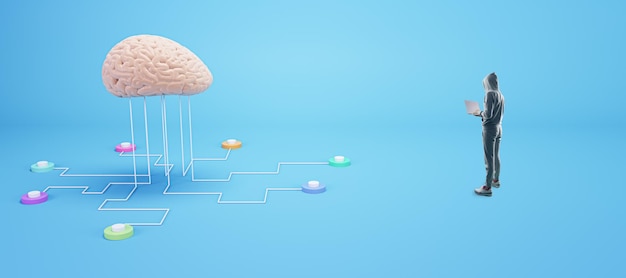 Hacker in hoodie using laptop with abstract human brain connected to wires on wide blue background Machine learning hacking and ai concept
