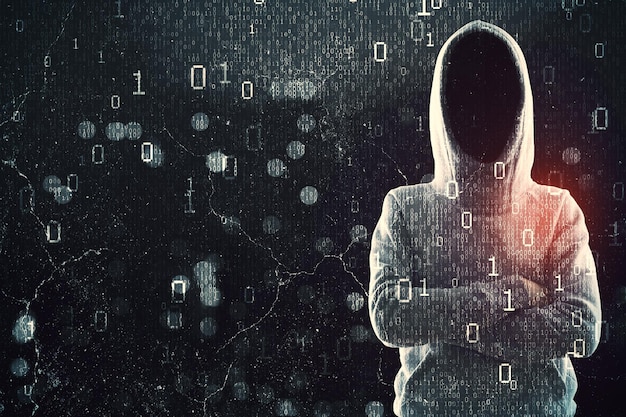 Hacker in hoodie with folded arms standing on abstract dark hacking background with bokeh circles and binary coding Malware and phishing data theft concept