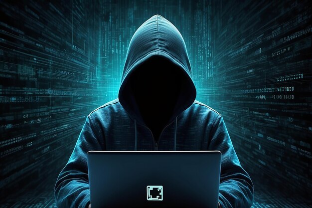 Hacker over Abstrakt Digital Baggrund med Elementer af Binær Kode og Computer ProgrammerHacker over Abstrakt Digital Baggrund med Elementer af Binær Kode og Computer Programmer