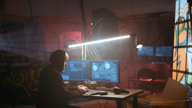 Hacker running phishing software on computer in criminals den