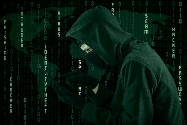 Hacker touching a smartphone screen