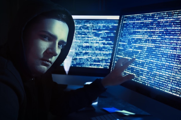 Hacker using computer in dark room