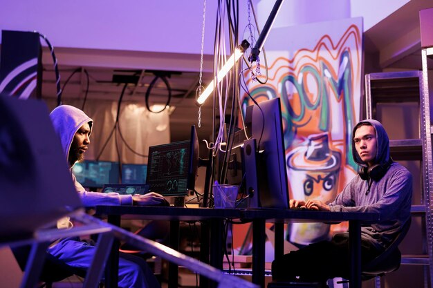 Hackers breaking law while coding dangerous computer virus in abandoned warehouse Criminals working together and programming illegal malicious software in hideout workspace