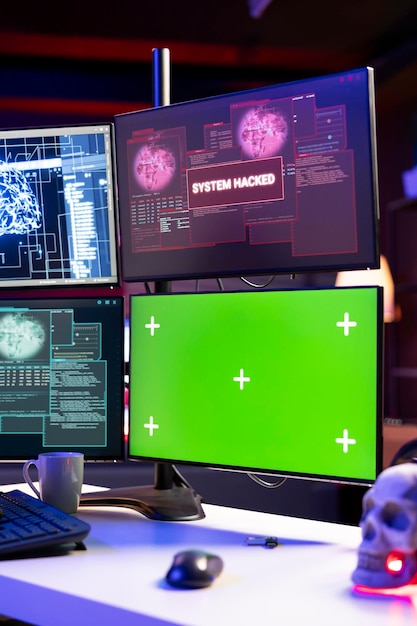 Hacking code scripts running on green screen mockup computer attacking firewalls programming