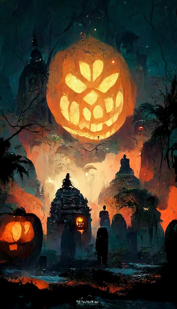 Halloween-tema i maya-stil med græskar og spøgelser i en mørk nat. 3D-rendering