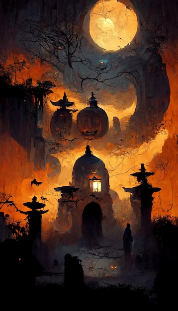 Halloween-tema i maya-stil med græskar og spøgelser i en mørk nat. 3D-rendering