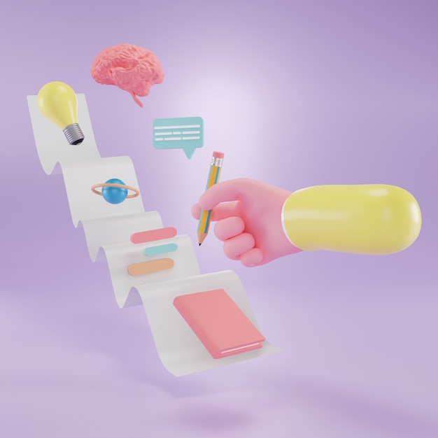 Hånd, der holder blyant. Tilbage til skolekoncept. læring og online uddannelse. 3D Illustration