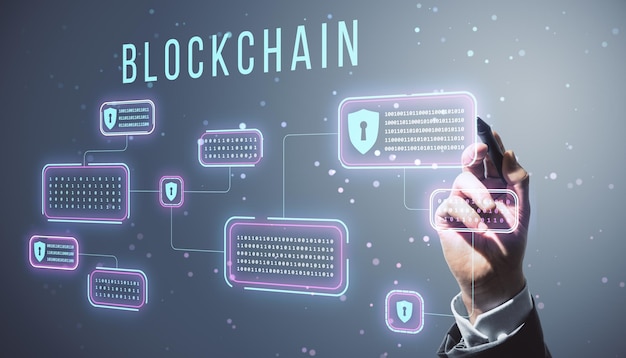 Hand drawing holographic blockchain elements on a digital interface illustrating data protection and privacy concepts