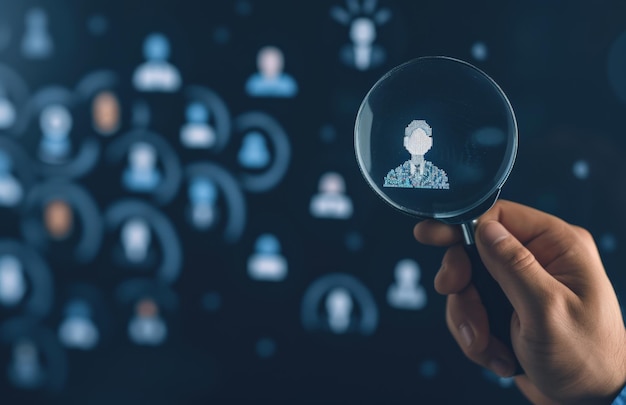 Hand holding magnifying glass symbolizing recruitment and human resources
