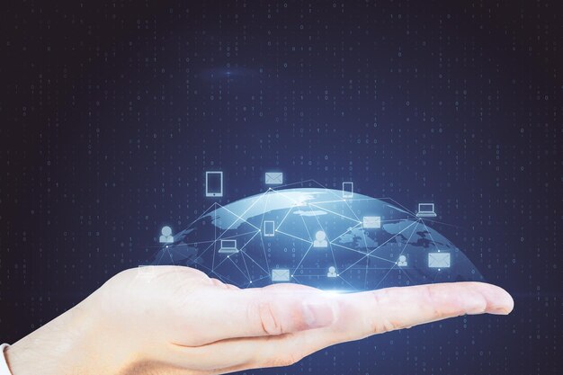 Hand holding social network infograph